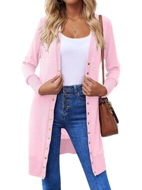 Women's Light Pink Button Down Long Sleeve Lightweight Casual Cardigan Sweaters